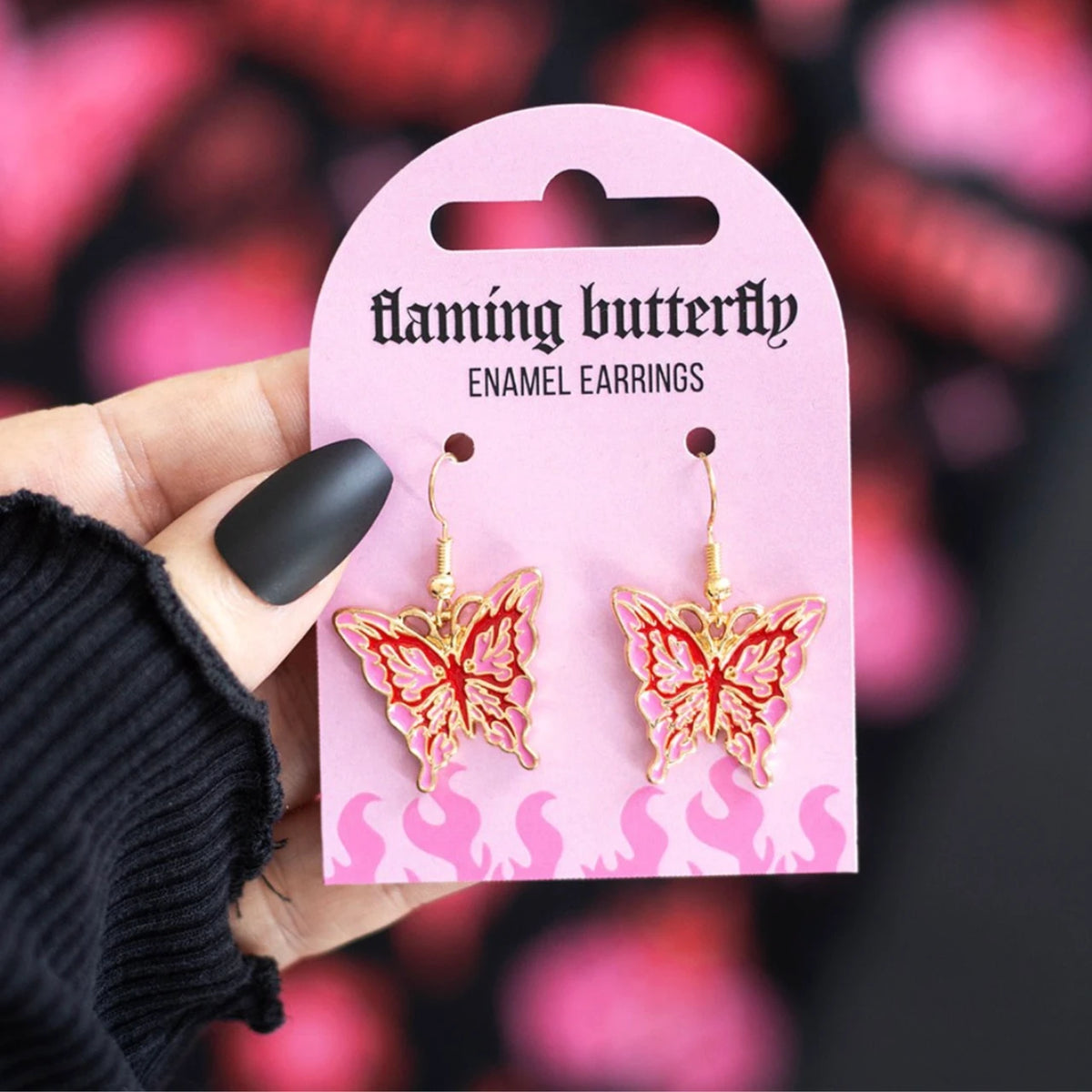 Flaming butterfly enamel earrings